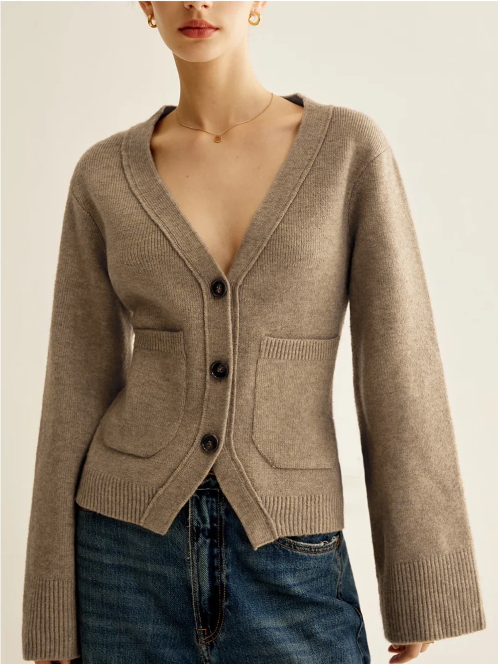 Commense Brown V-Neck Button Cardigan S | Cozy Fall Knit Sweater - Picture 3 of 7